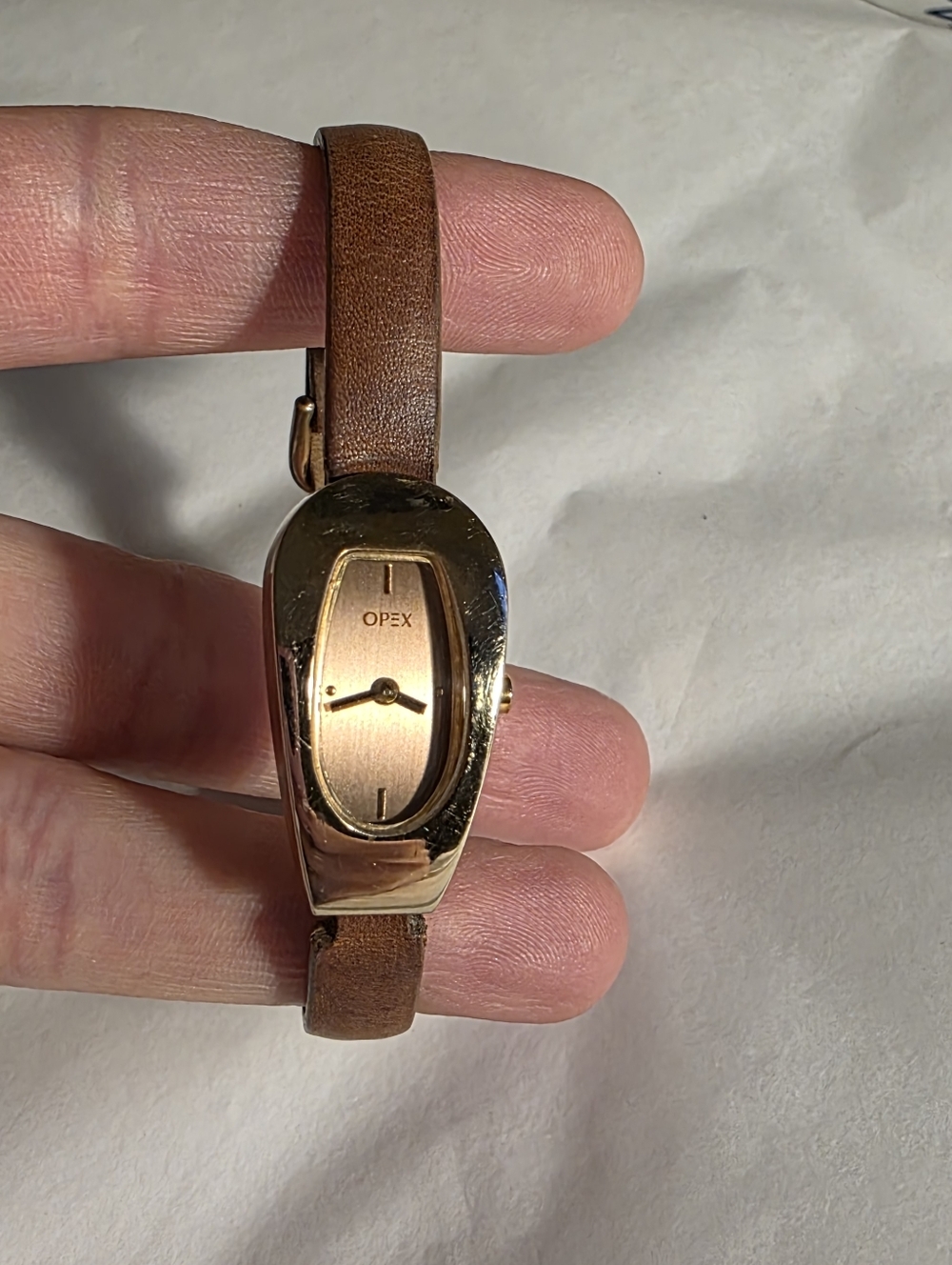 Dainty OPEX Kaline Gold-Tone Watch with Brown Leather Strap 8" Length